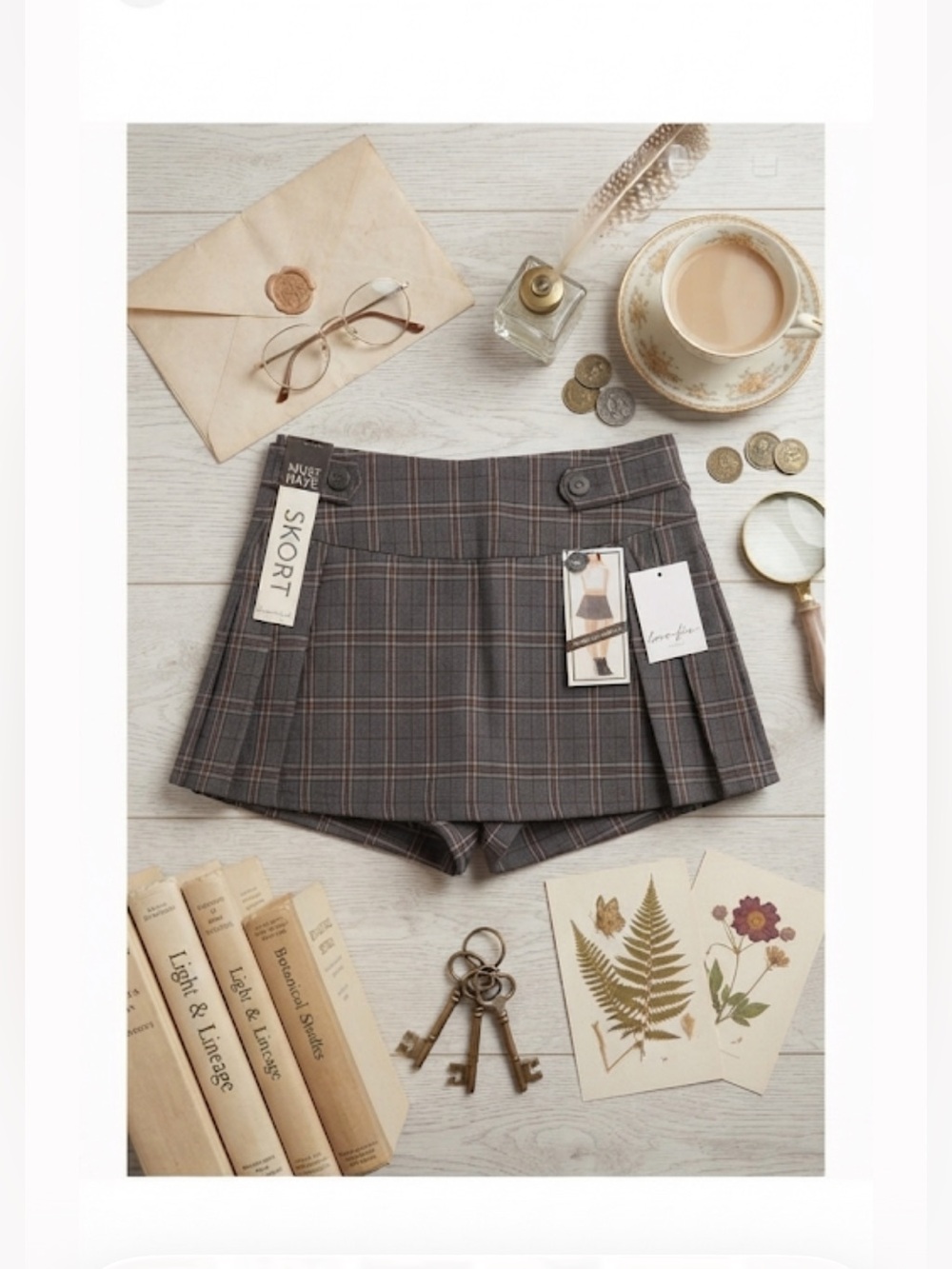 NWT Love, Fire Gray Plaid Pleated Skort Size M Dark Academia